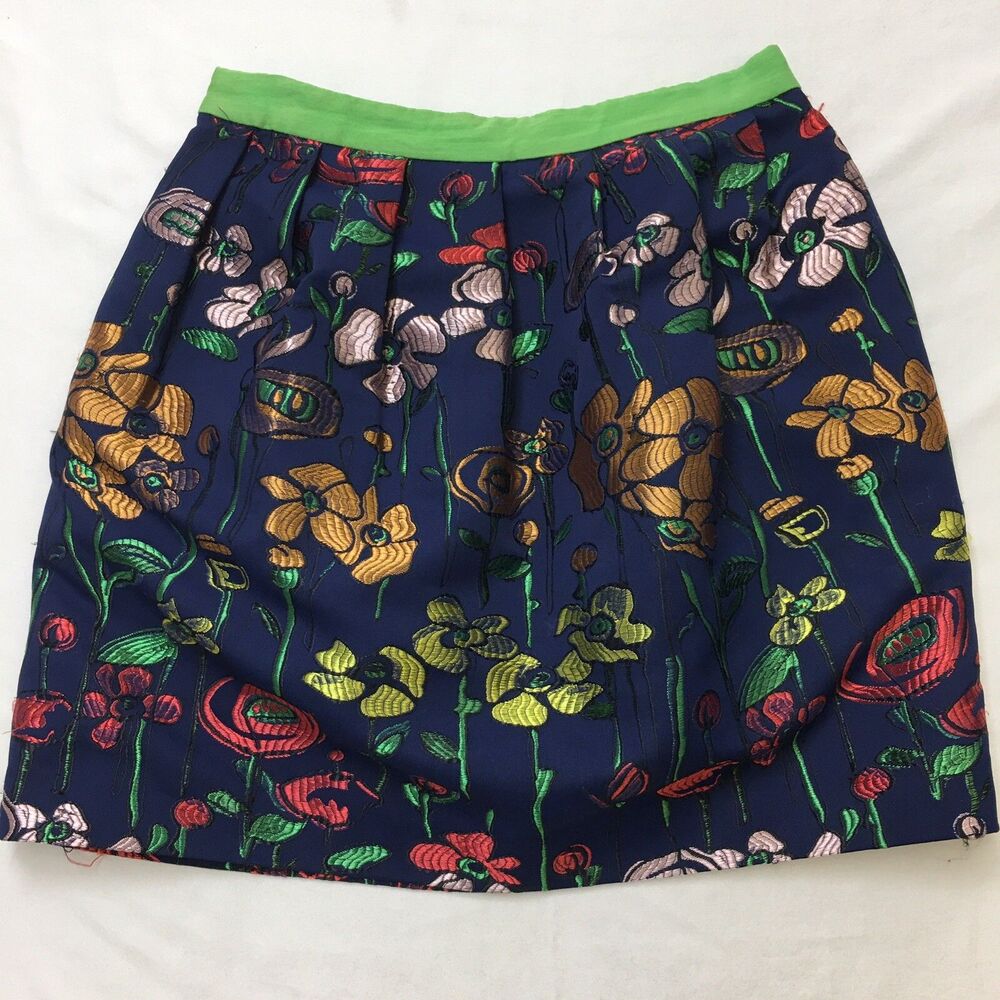 ANTHROPOLOGIE MADCHEN Floral Embroidered SKIRT Women's Small 2 Blue Gold Lined